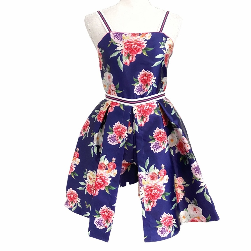 Tahari Navy Floral A-Line Formal Dress with Pink & White Blooms